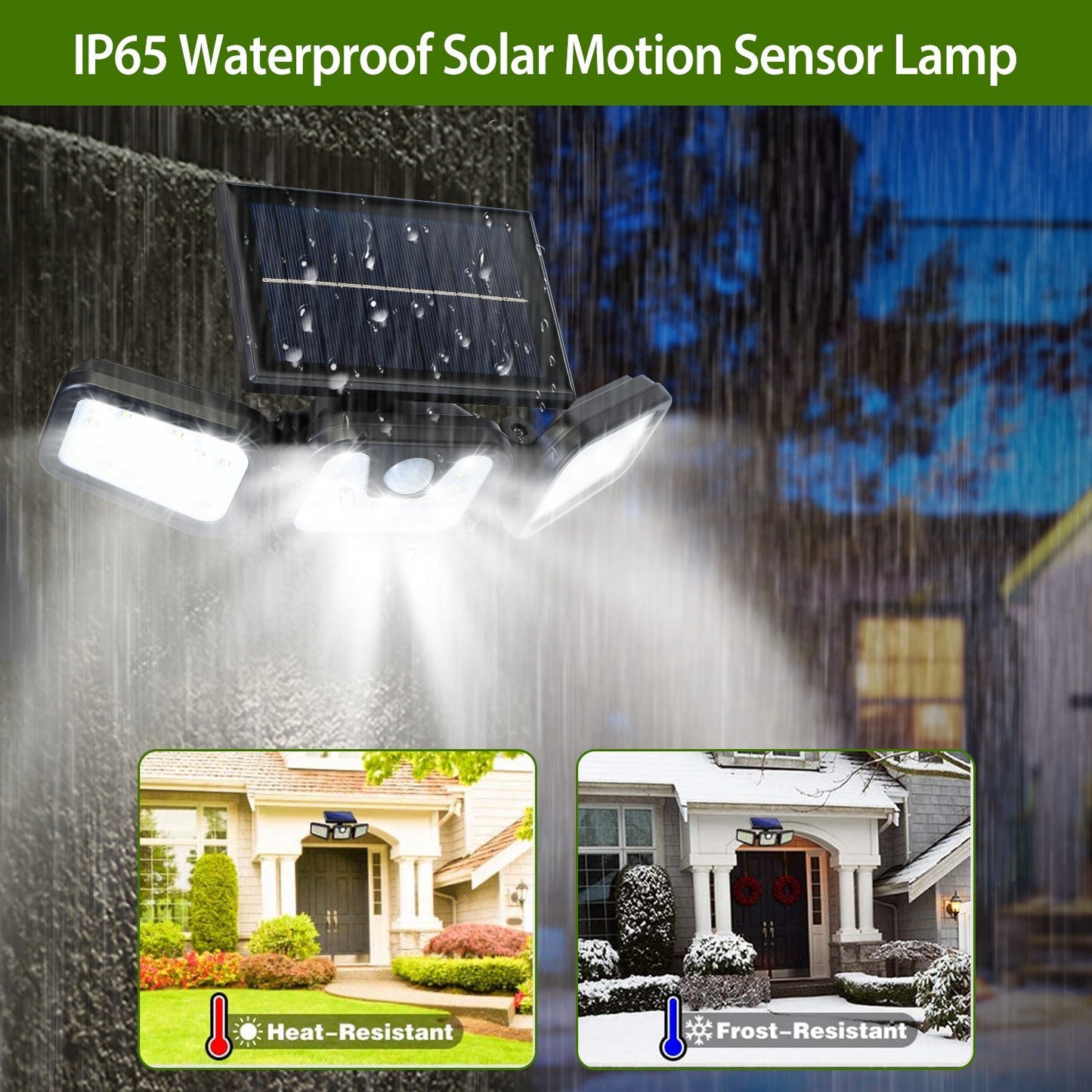 Solar Wall Lamp 74 LEDs 3 Adjustable Head Motion Sensor Flood Light IP65 Waterproof Security Light Outdoor